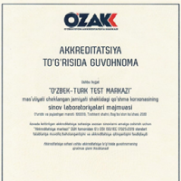 Комплексная испытательная лаборатория при СП ООО «O’zbek-Turk Test Markazi» успешно прошла аккредитацию по Oʻz DSt ISO/IEC 17025:2019