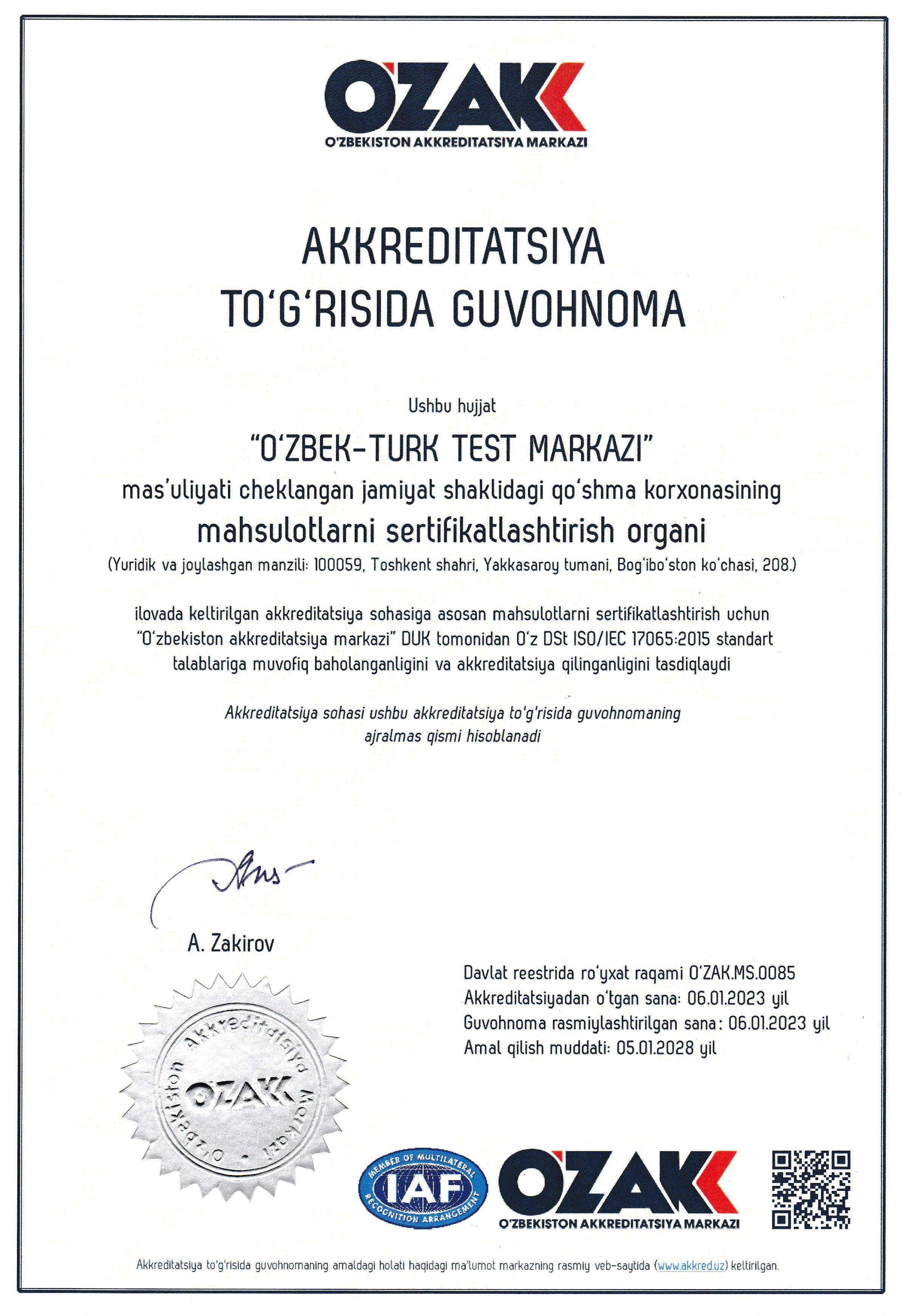 Sertifikatlashtirish organi akkreditatsiya guvohnomasi